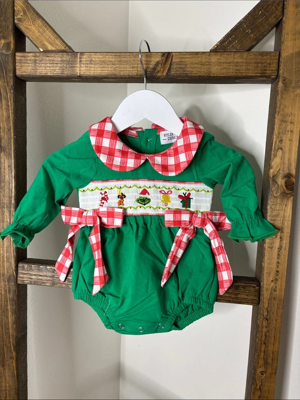 Green Grinch Holiday Smocked Bubble Romper Grinchmas Size 3M